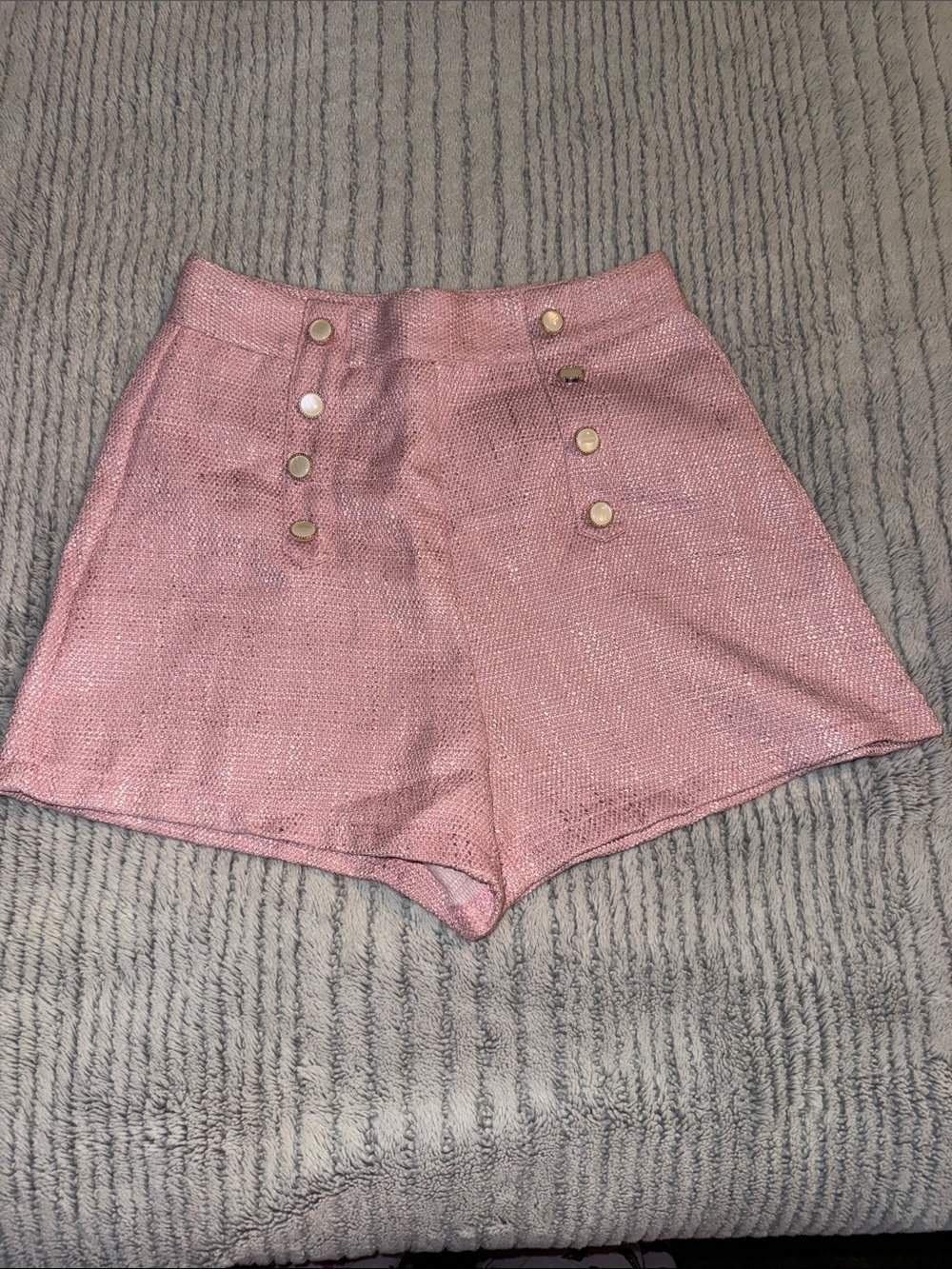 SHEIN Pink Sparkle High-Waist Shorts with Gold Buttons
